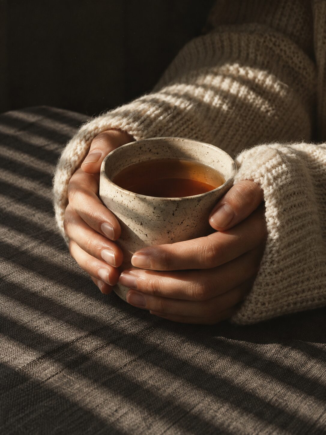Hände um eine Teetasse im Streiflicht